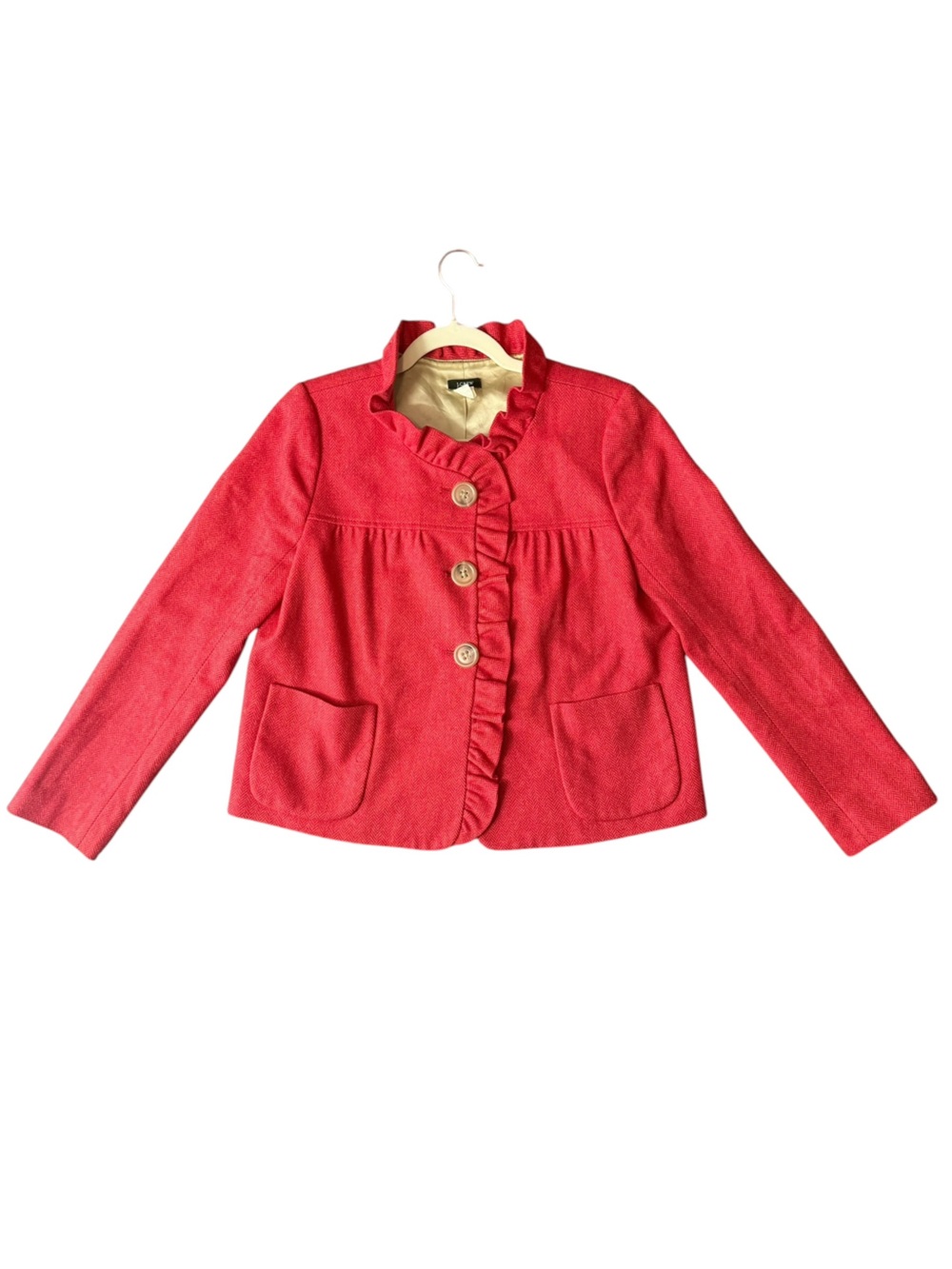 J.Crew Y2K Fiona Wool Herringbone Ruffle Jacket Rhubarb Red Size 6 FA08 - Picture 13 of 13